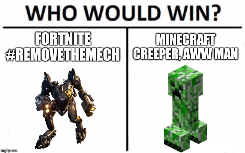 You know who's gonna win. | FORTNITE
#REMOVETHEMECH; MINECRAFT
CREEPER, AWW MAN | image tagged in memes,who would win,creeper,fortnite | made w/ Imgflip meme maker
