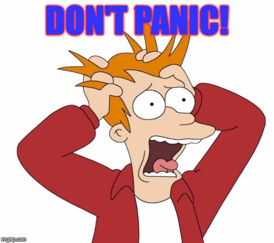 Panic | DON'T PANIC! | image tagged in panic | made w/ Imgflip meme maker
