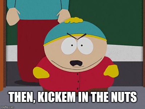 Kick in the Nuts Cartman | THEN, KICKEM IN THE NUTS | image tagged in kick in the nuts cartman | made w/ Imgflip meme maker