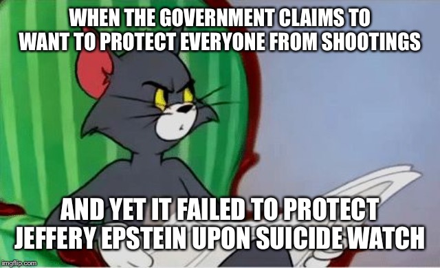 Tom reading newspaper | WHEN THE GOVERNMENT CLAIMS TO WANT TO PROTECT EVERYONE FROM SHOOTINGS; AND YET IT FAILED TO PROTECT JEFFERY EPSTEIN UPON SUICIDE WATCH | image tagged in tom reading newspaper | made w/ Imgflip meme maker