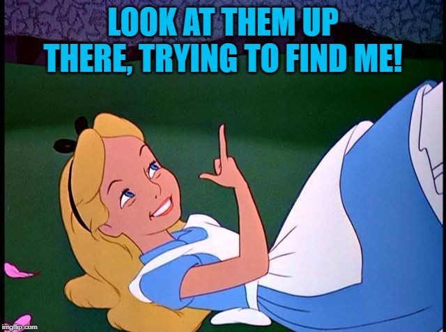 Alice in Wonderland | LOOK AT THEM UP THERE, TRYING TO FIND ME! | image tagged in alice in wonderland | made w/ Imgflip meme maker