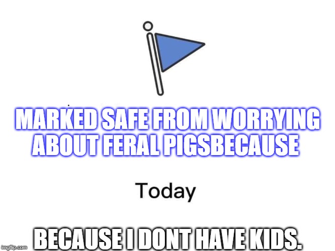 Marked safe from | MARKED SAFE FROM WORRYING ABOUT FERAL PIGSBECAUSE; BECAUSE I DONT HAVE KIDS. | image tagged in marked safe from | made w/ Imgflip meme maker