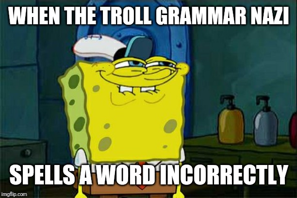 Don't You Squidward | WHEN THE TROLL GRAMMAR NAZI; SPELLS A WORD INCORRECTLY | image tagged in memes,dont you squidward | made w/ Imgflip meme maker