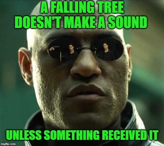 Morpheus  | A FALLING TREE DOESN'T MAKE A SOUND UNLESS SOMETHING RECEIVED IT | image tagged in morpheus | made w/ Imgflip meme maker