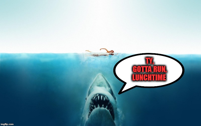 Jaws | TY, GOTTA RUN, LUNCHTIME | image tagged in jaws | made w/ Imgflip meme maker