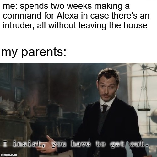 I insist, you have to get out. | me: spends two weeks making a command for Alexa in case there's an intruder, all without leaving the house; my parents:; I insist, you have to get out. | image tagged in sherlock holmes,get out | made w/ Imgflip meme maker