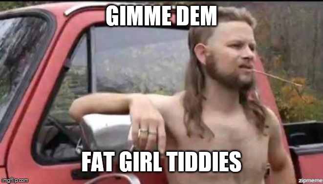 almost politically correct redneck | GIMME DEM; FAT GIRL TIDDIES | image tagged in almost politically correct redneck,memes | made w/ Imgflip meme maker