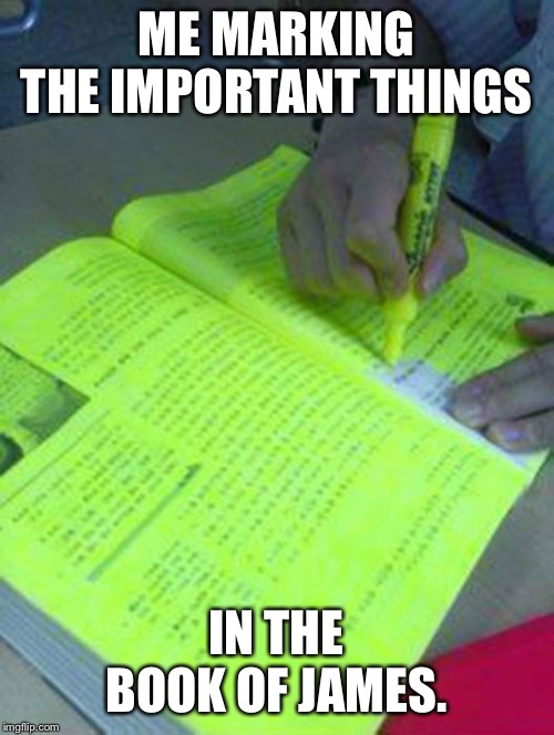 Highlighted text meme | ME MARKING THE IMPORTANT THINGS; IN THE BOOK OF JAMES. | image tagged in highlighted text meme | made w/ Imgflip meme maker
