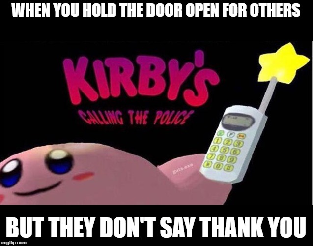 i see this all the time myself .-. | WHEN YOU HOLD THE DOOR OPEN FOR OTHERS; BUT THEY DON'T SAY THANK YOU | image tagged in kirby's calling the police | made w/ Imgflip meme maker