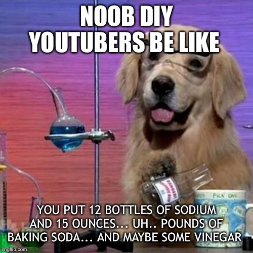 I Have No Idea What I Am Doing Dog Meme | NOOB DIY YOUTUBERS BE LIKE; YOU PUT 12 BOTTLES OF SODIUM AND 15 OUNCES... UH.. POUNDS OF BAKING SODA... AND MAYBE SOME VINEGAR | image tagged in memes,i have no idea what i am doing dog | made w/ Imgflip meme maker