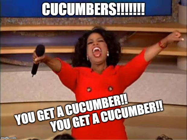 Oprah You Get A | CUCUMBERS!!!!!!! YOU GET A CUCUMBER!!
                              YOU GET A CUCUMBER!! | image tagged in memes,oprah you get a | made w/ Imgflip meme maker