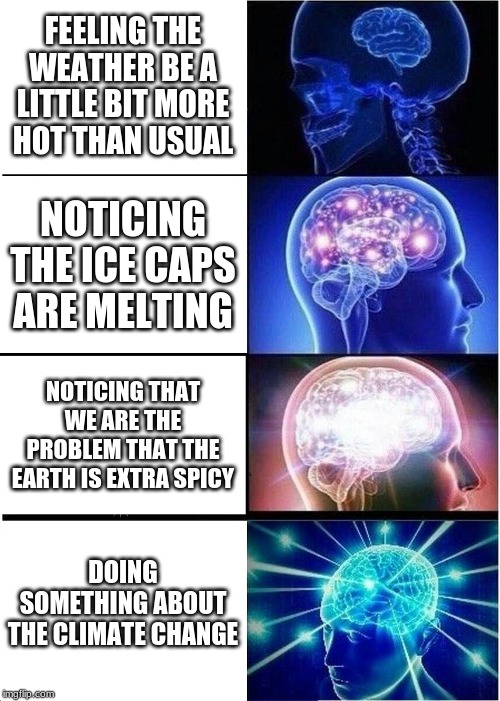 Expanding Brain Meme | FEELING THE WEATHER BE A LITTLE BIT MORE HOT THAN USUAL; NOTICING THE ICE CAPS ARE MELTING; NOTICING THAT WE ARE THE PROBLEM THAT THE EARTH IS EXTRA SPICY; DOING SOMETHING ABOUT THE CLIMATE CHANGE | image tagged in memes,expanding brain | made w/ Imgflip meme maker