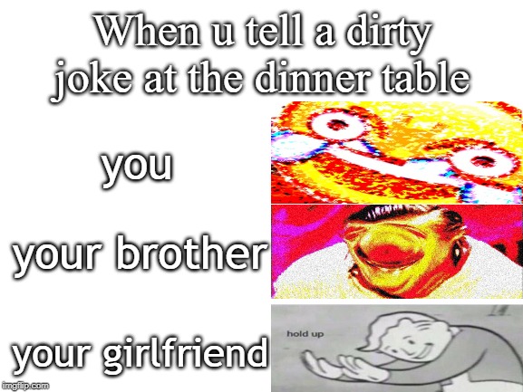 Blank White Template | When u tell a dirty joke at the dinner table; you; your brother; your girlfriend | image tagged in blank white template | made w/ Imgflip meme maker
