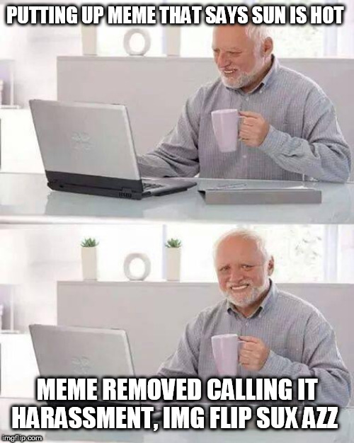 Hide the Pain Harold Meme | PUTTING UP MEME THAT SAYS SUN IS HOT; MEME REMOVED CALLING IT HARASSMENT, IMG FLIP SUX AZZ | image tagged in memes,hide the pain harold | made w/ Imgflip meme maker
