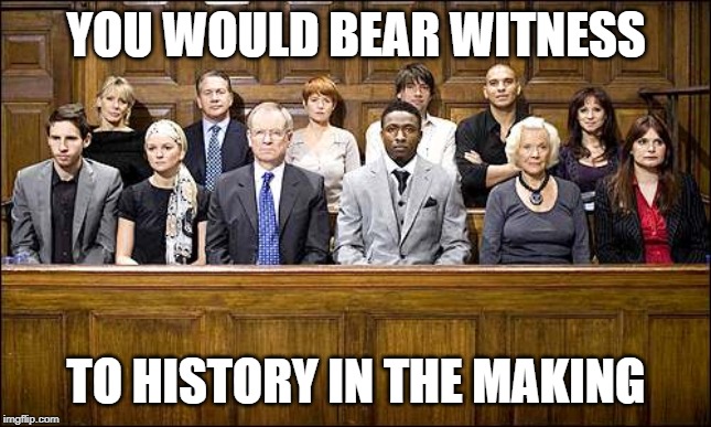 Jury | YOU WOULD BEAR WITNESS TO HISTORY IN THE MAKING | image tagged in jury | made w/ Imgflip meme maker