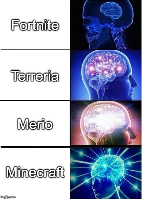 Expanding Brain Meme | Fortnite; Terreria; Merio; Minecraft | image tagged in memes,expanding brain | made w/ Imgflip meme maker