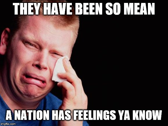 cry | THEY HAVE BEEN SO MEAN A NATION HAS FEELINGS YA KNOW | image tagged in cry | made w/ Imgflip meme maker