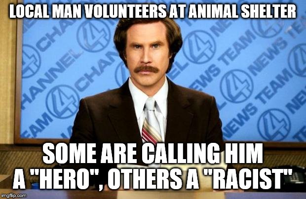 BREAKING NEWS | LOCAL MAN VOLUNTEERS AT ANIMAL SHELTER; SOME ARE CALLING HIM A "HERO", OTHERS A "RACIST" | image tagged in breaking news | made w/ Imgflip meme maker