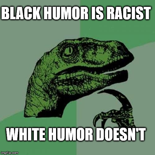 Philosoraptor Meme | BLACK HUMOR IS RACIST; WHITE HUMOR DOESN'T | image tagged in memes,philosoraptor | made w/ Imgflip meme maker
