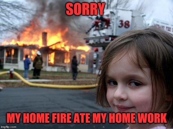 Disaster Girl Meme | SORRY; MY HOME FIRE ATE MY HOME WORK | image tagged in memes,disaster girl | made w/ Imgflip meme maker
