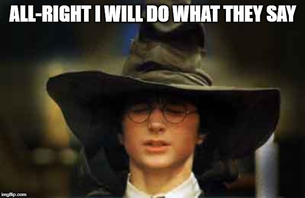 Harry Potter sorting hat | ALL-RIGHT I WILL DO WHAT THEY SAY | image tagged in harry potter sorting hat | made w/ Imgflip meme maker
