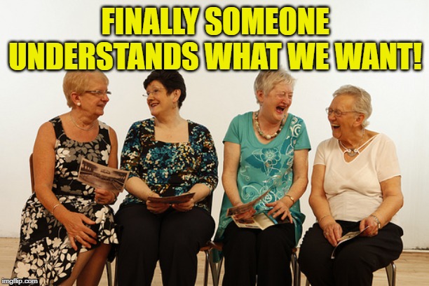 old lady meet up | FINALLY SOMEONE UNDERSTANDS WHAT WE WANT! | image tagged in old lady meet up | made w/ Imgflip meme maker
