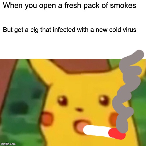 I know you pricks do it | When you open a fresh pack of smokes; But get a cig that infected with a new cold virus | image tagged in memes,surprised pikachu | made w/ Imgflip meme maker