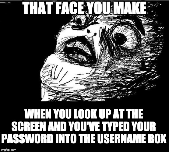 Delete! Delete! Delete! | THAT FACE YOU MAKE; WHEN YOU LOOK UP AT THE SCREEN AND YOU'VE TYPED YOUR PASSWORD INTO THE USERNAME BOX | image tagged in computers,password | made w/ Imgflip meme maker