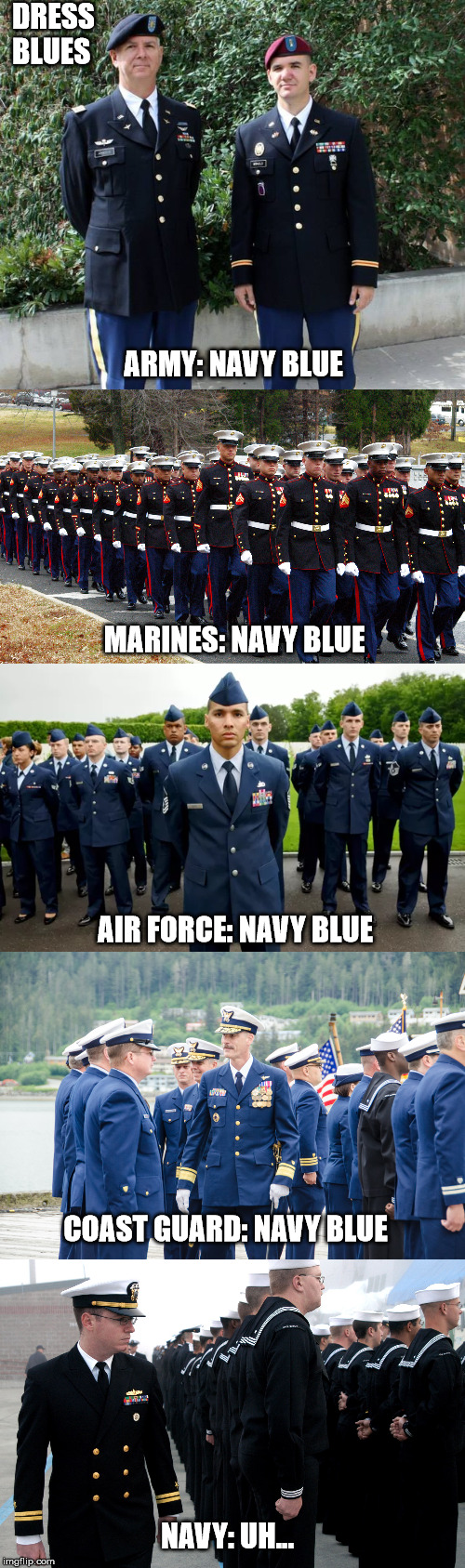 "Navy" blue | DRESS BLUES; ARMY: NAVY BLUE; MARINES: NAVY BLUE; AIR FORCE: NAVY BLUE; COAST GUARD: NAVY BLUE; NAVY: UH... | image tagged in military humor | made w/ Imgflip meme maker