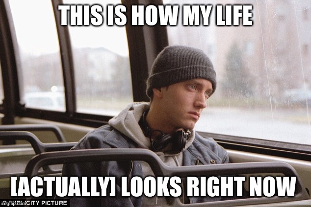 Depressed Eminem | THIS IS HOW MY LIFE; [ACTUALLY] LOOKS RIGHT NOW | image tagged in depressed eminem | made w/ Imgflip meme maker