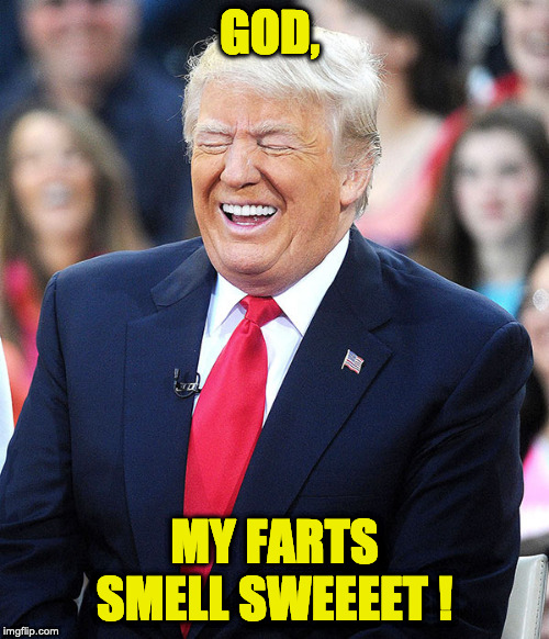 trump laughing | GOD, MY FARTS SMELL SWEEEET ! | image tagged in trump laughing | made w/ Imgflip meme maker