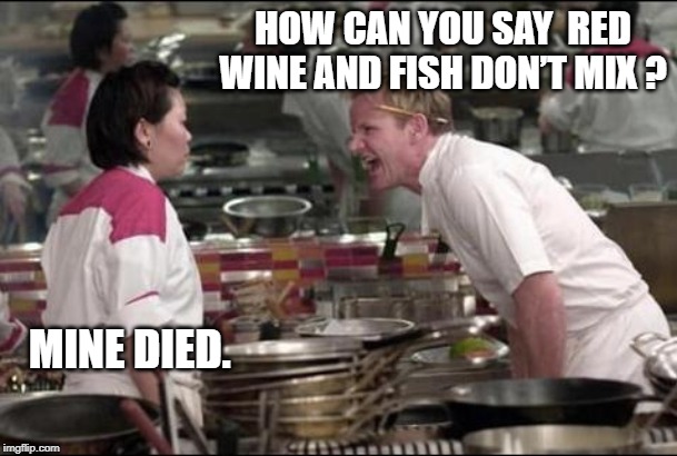 Angry Chef Gordon Ramsay Meme | HOW CAN YOU SAY  RED WINE AND FISH DON’T MIX ? MINE DIED. | image tagged in memes,angry chef gordon ramsay | made w/ Imgflip meme maker