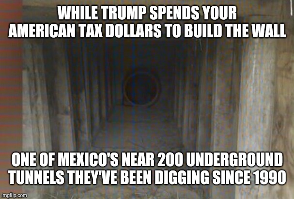 WHILE TRUMP SPENDS YOUR AMERICAN TAX DOLLARS TO BUILD THE WALL; ONE OF MEXICO'S NEAR 200 UNDERGROUND TUNNELS THEY'VE BEEN DIGGING SINCE 1990 | image tagged in donald trump | made w/ Imgflip meme maker
