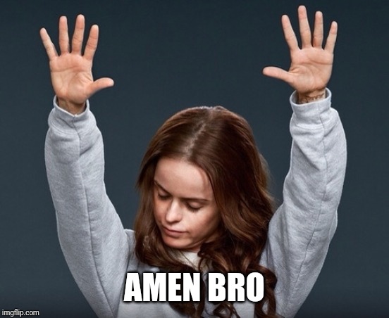 girl with hands up | AMEN BRO | image tagged in girl with hands up | made w/ Imgflip meme maker