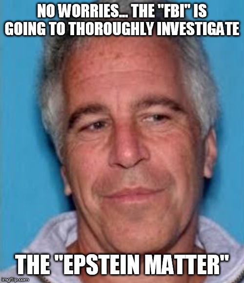 Epstein mugshot | NO WORRIES... THE "FBI" IS GOING TO THOROUGHLY INVESTIGATE; THE "EPSTEIN MATTER" | image tagged in epstein mugshot | made w/ Imgflip meme maker