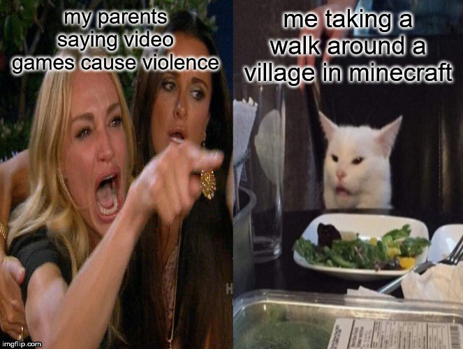  my parents saying video games cause violence; me taking a walk around a village in minecraft | image tagged in gaming,minecraft | made w/ Imgflip meme maker
