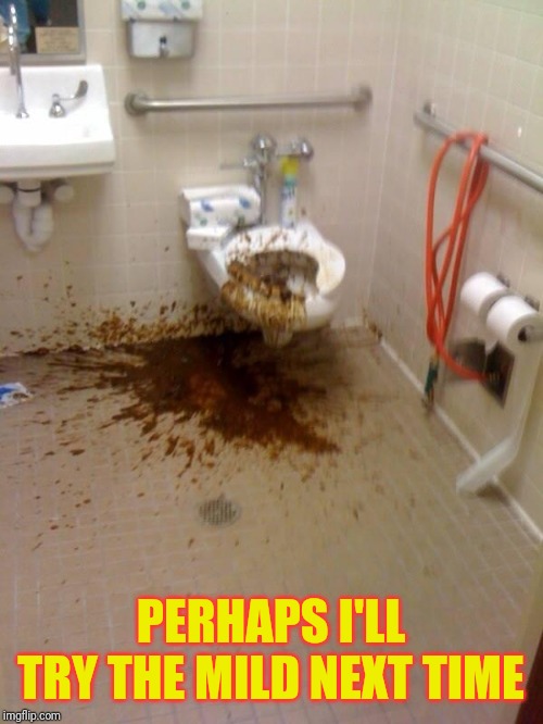Girls poop too | PERHAPS I'LL TRY THE MILD NEXT TIME | image tagged in girls poop too | made w/ Imgflip meme maker