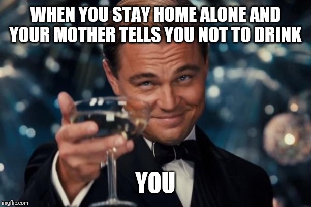 Leonardo Dicaprio Cheers Meme | WHEN YOU STAY HOME ALONE AND YOUR MOTHER TELLS YOU NOT TO DRINK; YOU | image tagged in memes,leonardo dicaprio cheers | made w/ Imgflip meme maker