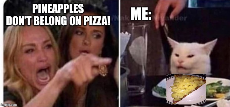 Cat at table | ME:; PINEAPPLES DON’T BELONG ON PIZZA! | image tagged in cat at table | made w/ Imgflip meme maker