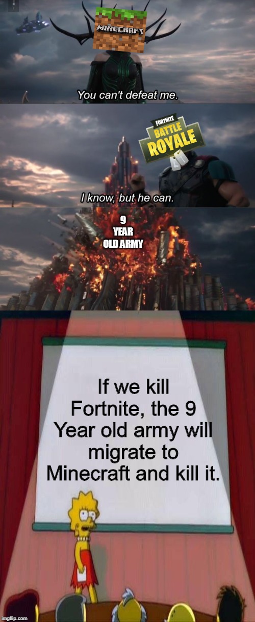 Our only hope | 9 YEAR OLD ARMY; If we kill Fortnite, the 9 Year old army will migrate to Minecraft and kill it. | image tagged in you can't defeat me,minecraft,fortnite,lisa simpson's presentation,gaming | made w/ Imgflip meme maker