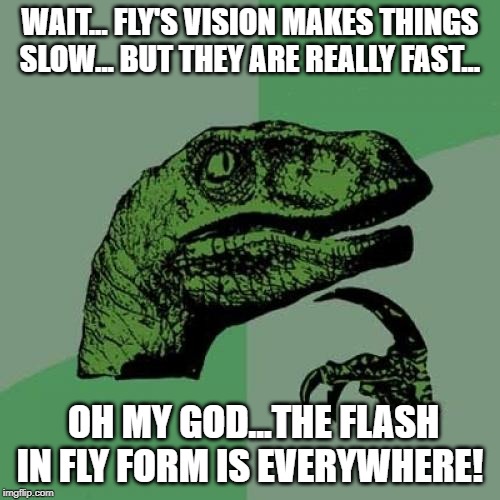 Philosoraptor Meme | WAIT... FLY'S VISION MAKES THINGS SLOW... BUT THEY ARE REALLY FAST... OH MY GOD...THE FLASH IN FLY FORM IS EVERYWHERE! | image tagged in memes,philosoraptor | made w/ Imgflip meme maker