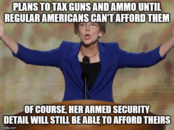 Elizabeth Warren | PLANS TO TAX GUNS AND AMMO UNTIL REGULAR AMERICANS CAN'T AFFORD THEM; OF COURSE, HER ARMED SECURITY DETAIL WILL STILL BE ABLE TO AFFORD THEIRS | image tagged in elizabeth warren | made w/ Imgflip meme maker