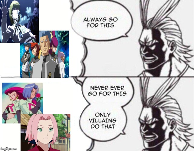 who to root for in anime | image tagged in all might,team rocket,sakura,hunter x hunter | made w/ Imgflip meme maker