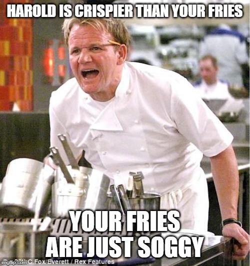 HAROLD IS CRISPIER THAN YOUR FRIES YOUR FRIES ARE JUST SOGGY | image tagged in memes,chef gordon ramsay | made w/ Imgflip meme maker