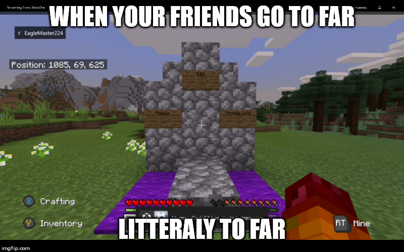 WHEN YOUR FRIENDS GO TO FAR; LITTERALY TO FAR | image tagged in minecrafy,meme,gravestone | made w/ Imgflip meme maker