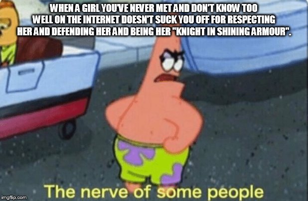 Patrick the nerve of some people | WHEN A GIRL YOU'VE NEVER MET AND DON'T KNOW TOO WELL ON THE INTERNET DOESN'T SUCK YOU OFF FOR RESPECTING HER AND DEFENDING HER AND BEING HER "KNIGHT IN SHINING ARMOUR". | image tagged in patrick the nerve of some people | made w/ Imgflip meme maker