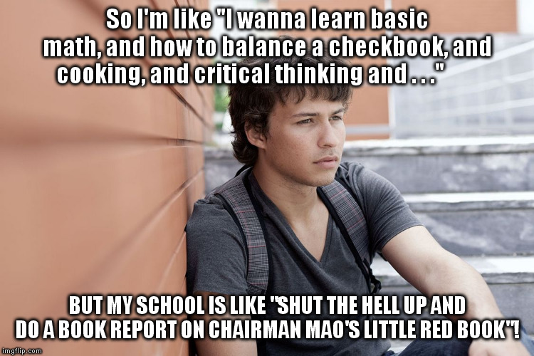 Commies and socialists always know what is best for you! | So I'm like "I wanna learn basic math, and how to balance a checkbook, and cooking, and critical thinking and . . ."; BUT MY SCHOOL IS LIKE "SHUT THE HELL UP AND DO A BOOK REPORT ON CHAIRMAN MAO'S LITTLE RED BOOK"! | image tagged in commies,public schools | made w/ Imgflip meme maker