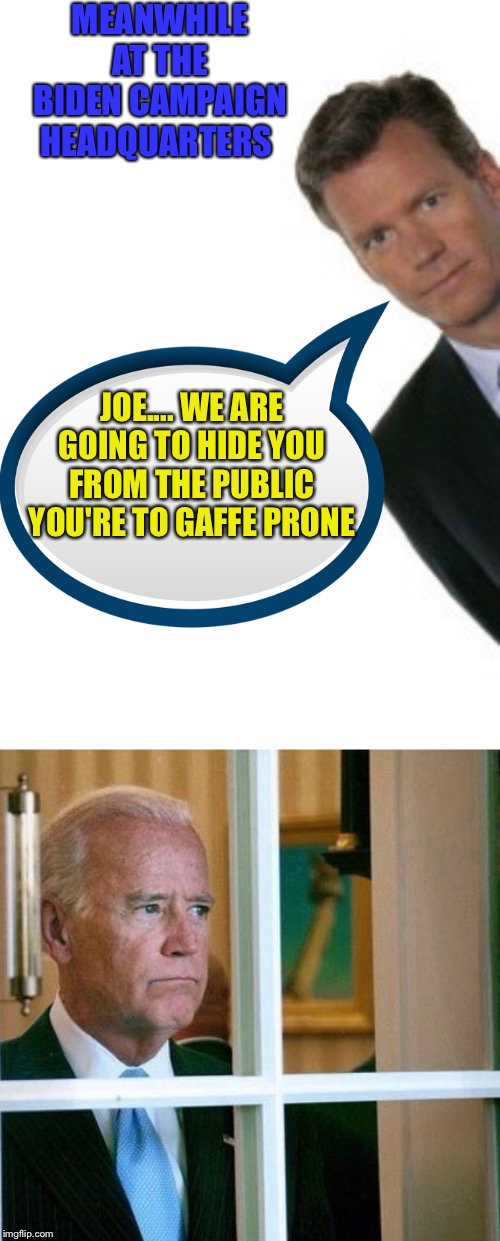 MEANWHILE AT THE BIDEN CAMPAIGN HEADQUARTERS; JOE.... WE ARE GOING TO HIDE YOU FROM THE PUBLIC YOU'RE TO GAFFE PRONE | image tagged in sad joe biden,curious executive | made w/ Imgflip meme maker
