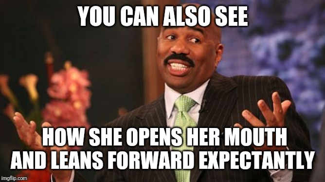 Steve Harvey Meme | YOU CAN ALSO SEE HOW SHE OPENS HER MOUTH AND LEANS FORWARD EXPECTANTLY | image tagged in memes,steve harvey | made w/ Imgflip meme maker