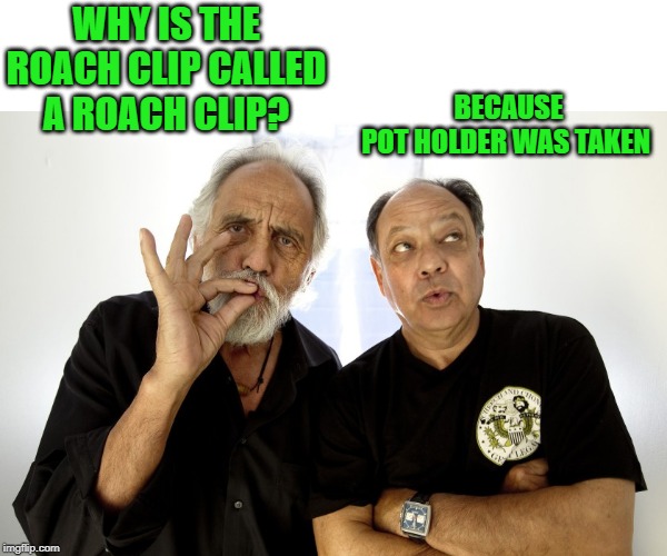 cheech and chong | BECAUSE POT HOLDER WAS TAKEN; WHY IS THE ROACH CLIP CALLED A ROACH CLIP? | image tagged in stoned,roach clip | made w/ Imgflip meme maker
